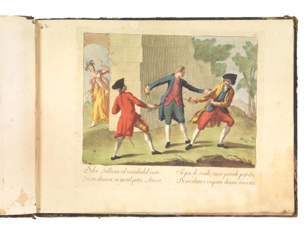 (Illustrati 700)   Albo di 19 tavole moraleggianti, colorate a mano all’epoca. XVIII secolo.