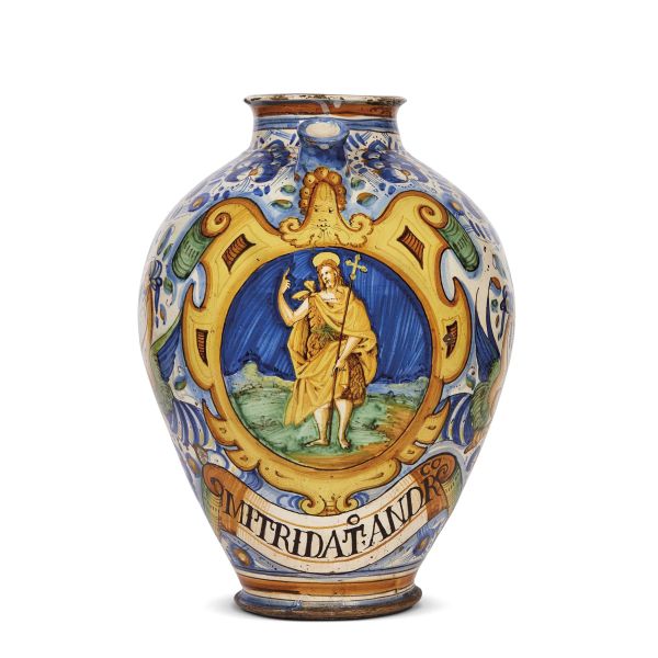 A SPOUTED PHARMACY JAR, MONTELUPO, 1560-1570