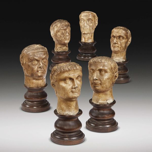 Roman, 16th-17th centuries, six Heads of roman Emperors, marble on woden base, 26 cm (overall)