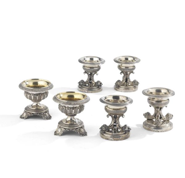 FOUR SILVER SALT CELLAR, ROME, 19TH CENTURY AND OTHER TWO SILVER SALT CELLAR 19TH CENTURY