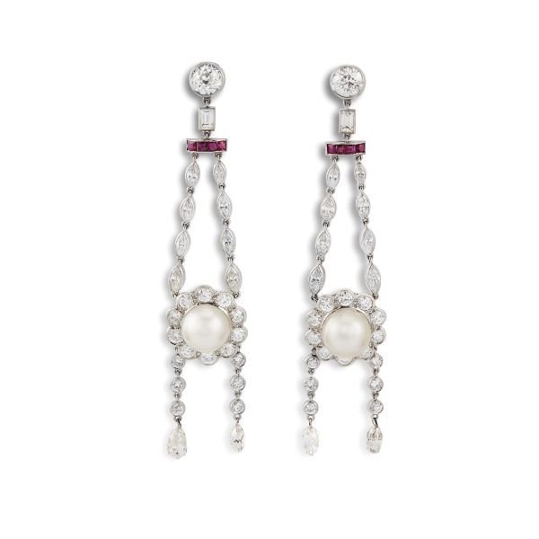 PEARL RUBY AND DIAMOND CHANDELIER EARRINGS IN 18KT WHITE GOLD