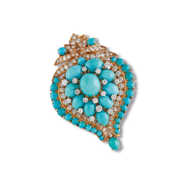 BULGARI TURQUOISE AND DIAMOND BROOCH IN 18KT YELLOW GOLD