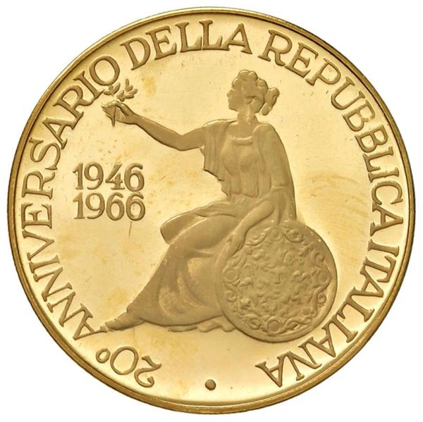 ITALIA. MEDAGLIA ORO 900 CHE COMMEMORA IL 20° ANNIVERSARIO DELLA REPUBBLICA (1946-1966) OPUS A. C...