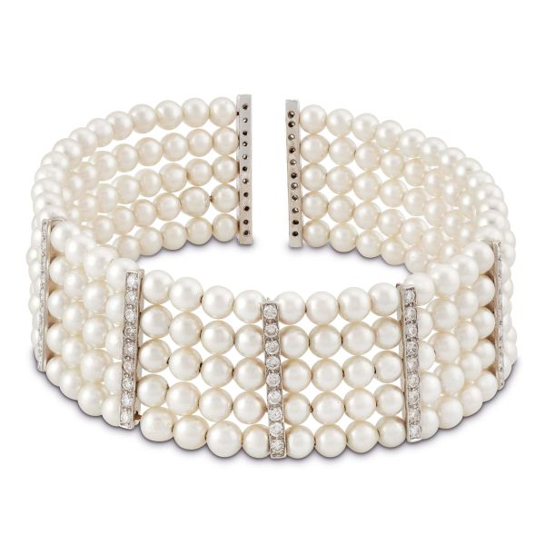 PEARL AND DIAMOND OPEN COLLIER IN 18KT WHITE GOLD