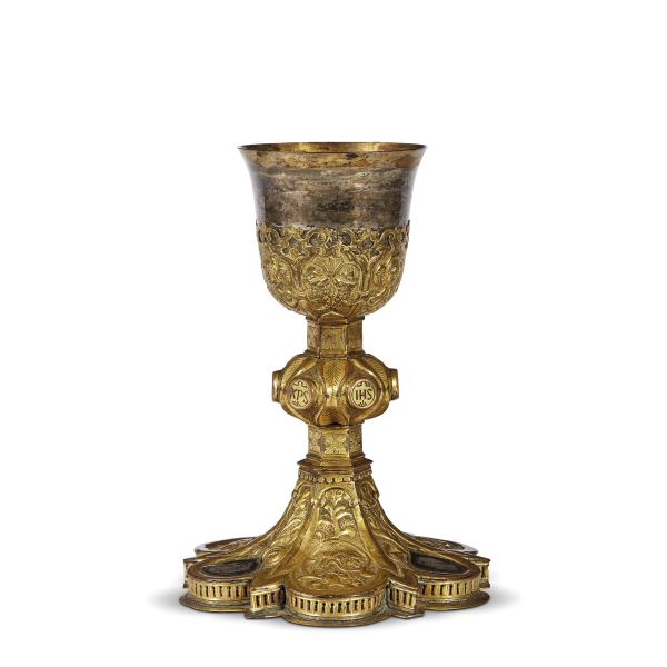Lombard, late 15th century, A goblet, chiseled, engraved and gilded copper, h. 20,5, diam. 15,2 cm