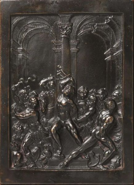  Placchetta,  di forma rettangolare, in bronzo cesellato raffigurante La Flagellazione dal Moderno, cm 14,5x11,5 montata su pannello in velluto 