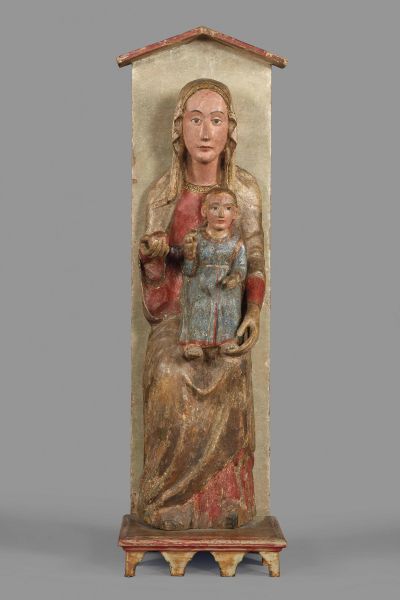 Circle of Maestro of Saint Catherine Gualino, active in Umbria or Abruzzo, Madonna and Child enthroned, late 13th-early 14th century, carved and polychromed wood,117x35x33 cm