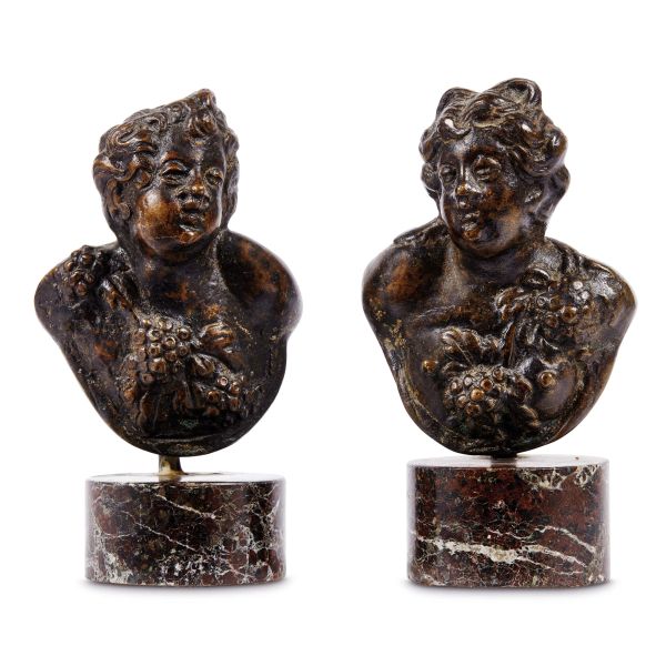 



Workshop of Niccol&ograve; Roccatagliata, Venice, early 17th century, a pair of small busts of bacchantes, bronze