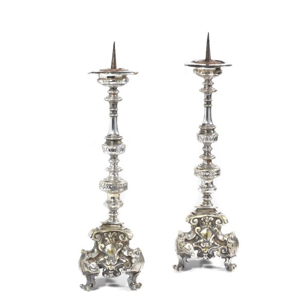 PAIR OF SILVER PLATED METAL TORCHERES, END OF 18TH CENTURY