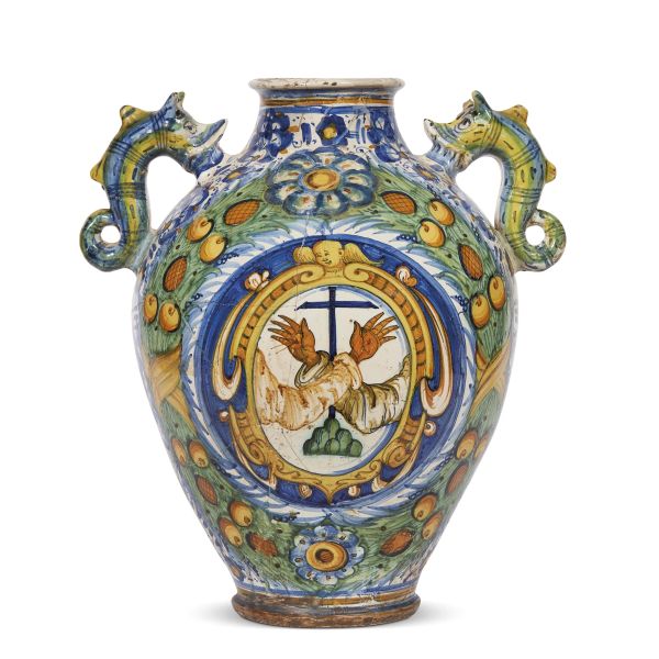 A SPOUTED PHARMACY JAR, MONTELUPO, SECOND HALF 16TH CENTURY
