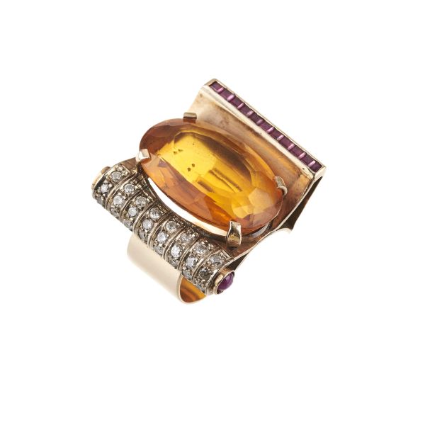 



BIG QUARTZ CITRINE RUBY AND DIAMOND RING IN 14KT GOLD