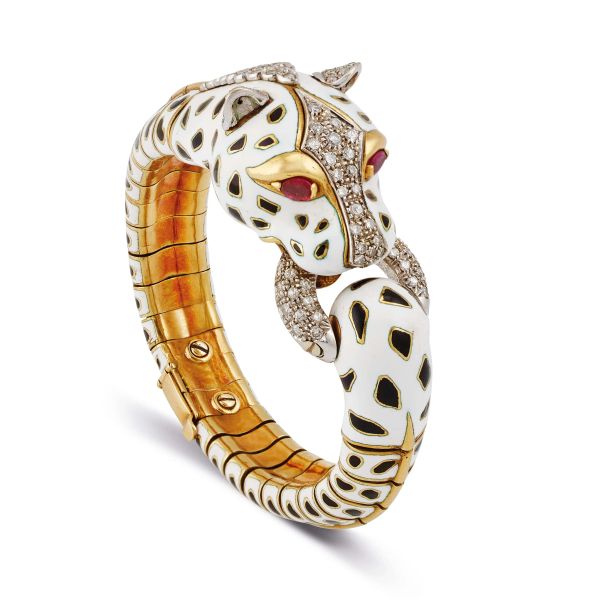



LEOPARD-SHAPED ENAMELLED BANGLE BRACELET IN 18KT TWO TONE GOLD
