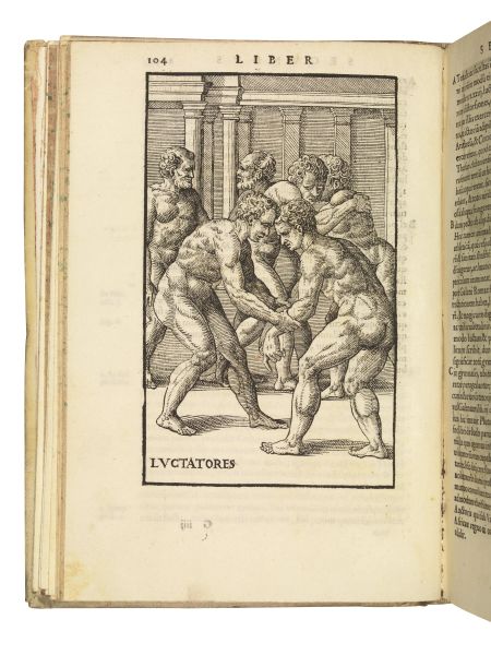 (Sport &ndash; Illustrati 500) MERCURIALE, Girolamo (1530-1606). De arte gymnastica libri sex [&#8230;]. Secunda editione aucti, &amp; multis figuris ornati. Venetiis, apud Iuntas, 1573.