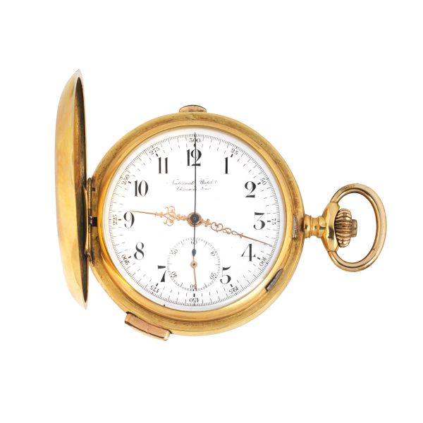 NATIONAL WATCH MONOPUSHER CHRONOGRAPH QUARTER REPEATER YELLOW GOLD POCKET WATCH