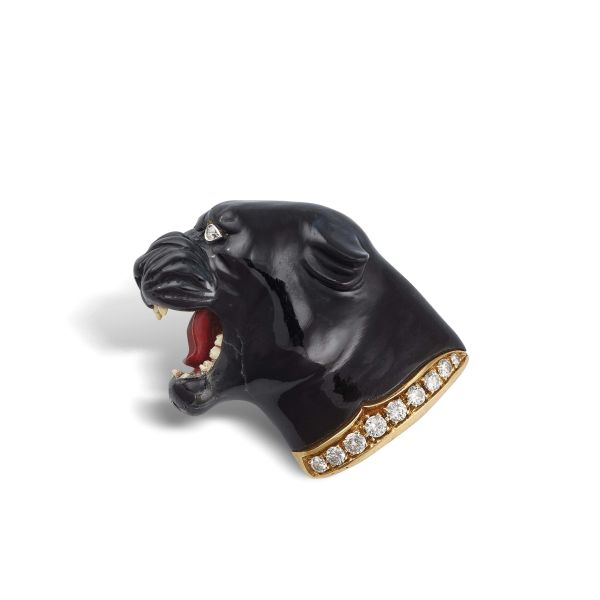 PANTHER HEAD-SHAPED BROOCH IN 18KT YELLOW GOLD AND HARD STONE
