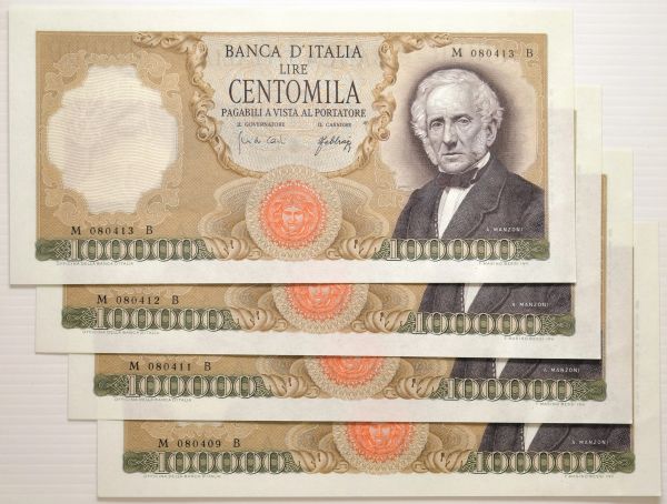 BANCA D'ITALIA. REPUBBLICA ITALIANA (1946-2001). QUATTRO BANCONOTE DA 100.000 LIRE Manzoni