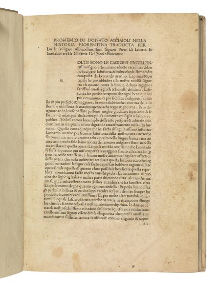      (Firenze)   BRUNI, Leonardo.   Prohemio di Donato Acciaioli nella Historia fiorentina tradocta per lui in vulgare.   (Impresso a Vinegia perlo diligente huomo maestro Iacomo de Rossi di natione Gallo, 1476 a di xii di Febraio). [Venezia, Giacomo De Rossi, 12 febbraio 1476]. 