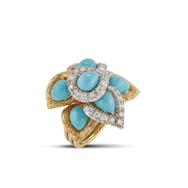 



TURQUOISE PASTE AND DIAMOND FLORAL RING IN 18KT TWO TONE GOLD