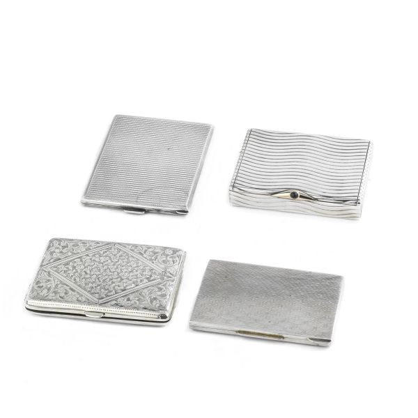 THREE SILVER CIGARETTE BOX AND A SILVER CARD HOLDER, 20TH CENTURY