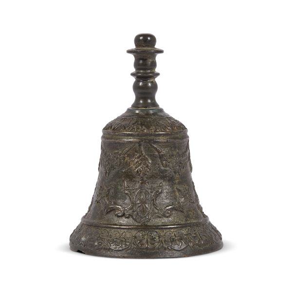 Venetian, early 17th century, Hand-bell, patinated bronze, h. 12 cm, diam. 8.5 cm