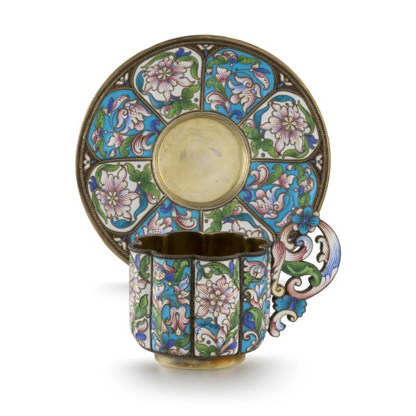 A SILVER AND ENAMEL CUP WITH SAUCER, MOSCA, 1894 AND A SILVER AND ENAMEL TABLE BELL, RUSSIA, 20TH CENTURY