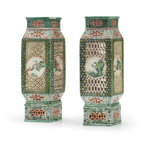 



A PAIR OF RETICULATED SANCAI-GLAZED BISCUIT PORCELAIN LANTERN VASES, CHINA, QING DYNASTY, 19TH CENTURY