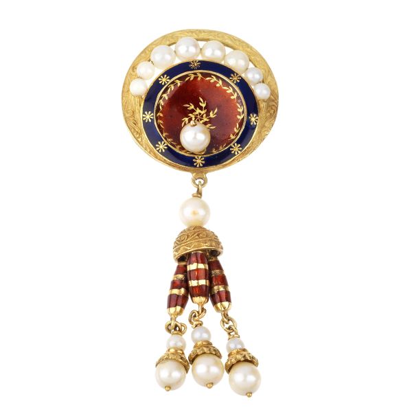 PENDANT PEARL BROOCH IN 18KT YELLOW GOLD