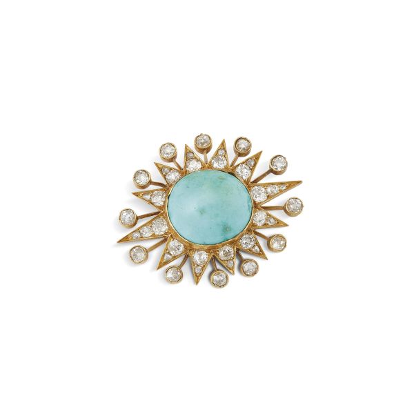 TURQUOISE AND DIAMOND BROOCH IN 18KT YELLOW GOLD