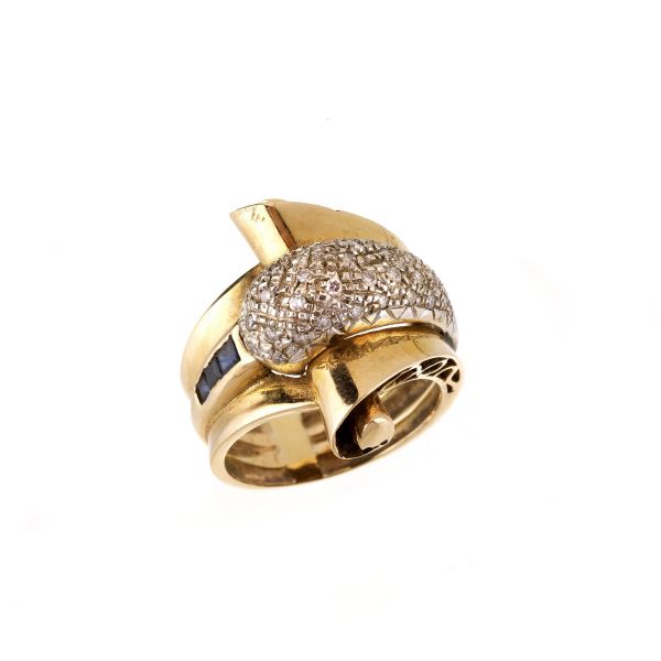 VOLUTE-SHAPED DIAMOND AND SAPPHIRE RING IN 18KT TWO TONE GOLD
