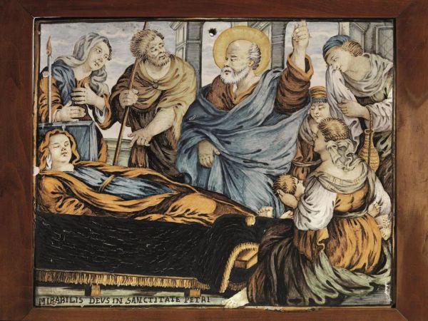  Formella, manifattura Castelli, fine sec. XVII , in maiolica dipinta, raffigurante la Morte della Vergine, cm 32x25,5, entro cornice