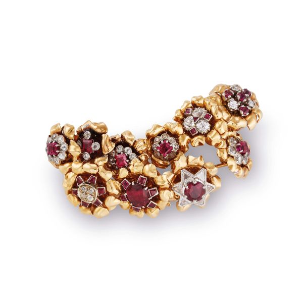 



FURST FLORAL BROOCH WITH DIAMONDS AND SINTHETIC RUBIES