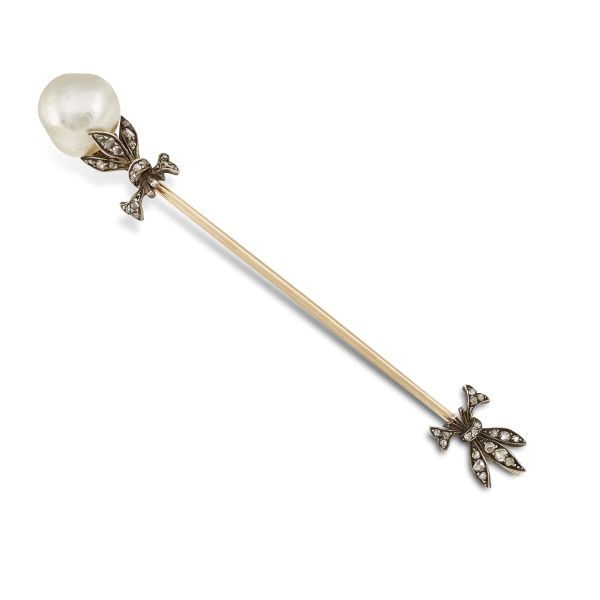BAROQUE PEARL AND DIAMOND PIN IN GOLD AND SILVER