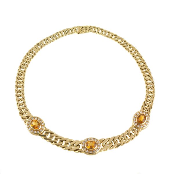 CITRINE QUARTZ AND DIAMOND CURB NECKLACE IN 18KT YELLOW GOLD