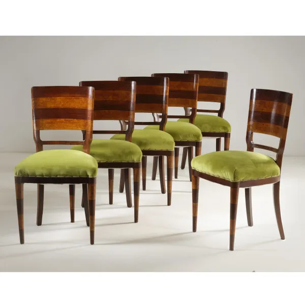 



SIX CHAIRS, WOODEN STRUCTURE, GREEN FABRIC UPHOLSTERY 
