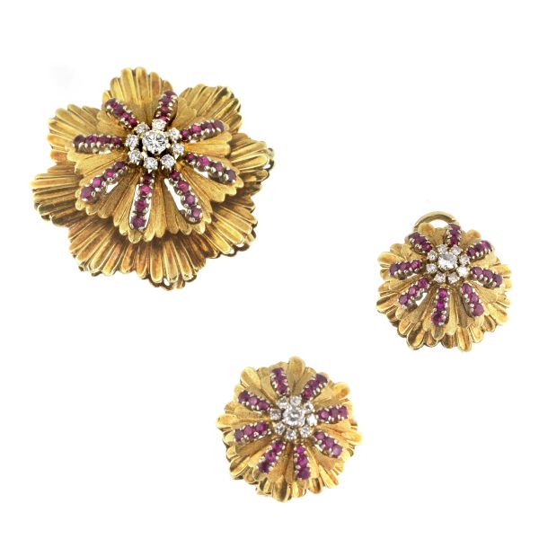 RUBY AND DIAMOND FLORAL DEMI PARURE IN 18KT TWO TONE GOLD