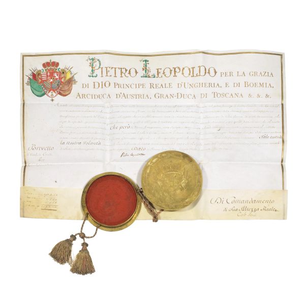 Patente di nobilt&agrave; del 1772: Pietro Leopoldo I di Toscana (1747-1792) concede il titolo di Conte al console Cosimo Conti.