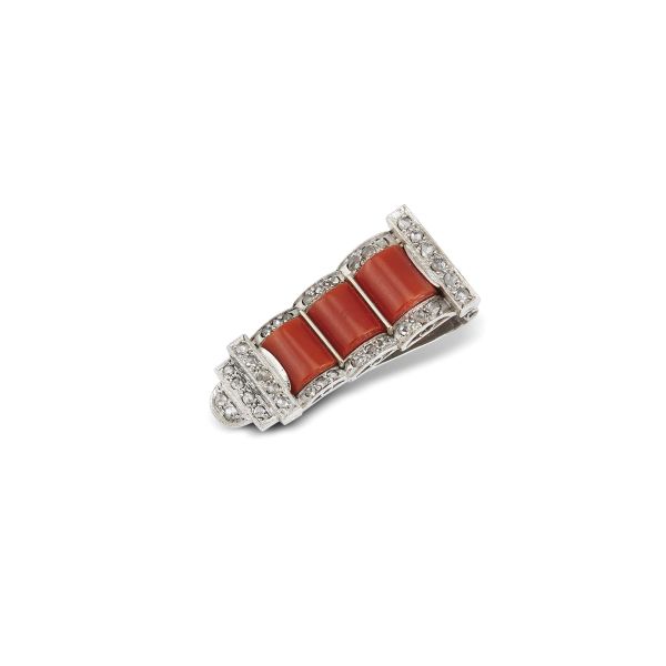 CORAL AND DIAMOND CLIP IN 14KT GOLD