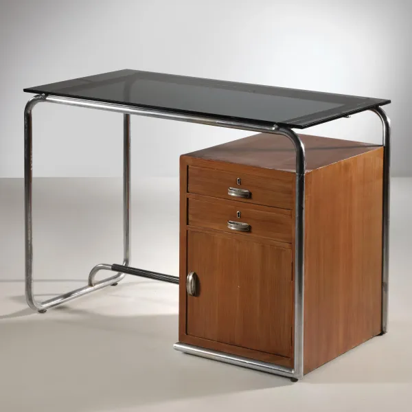 



DESK, METAL AND WOODEN STRUCTURE, GLASS TOP 