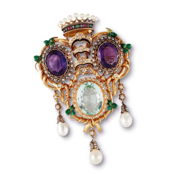 



LARGE BROOCH WITH DIAMONDS, PEARLS AND PRECIOUS STONES