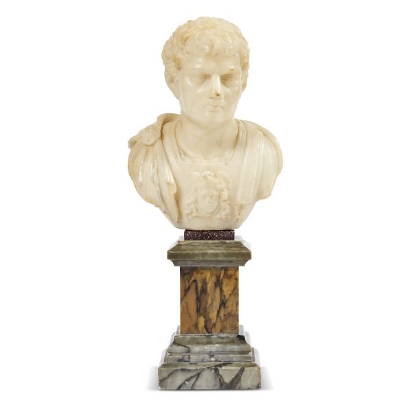 Rome, 17 th century, A bust of an Emperor, alabaster, 18 cm on a marble base 31x14x10 (overall)