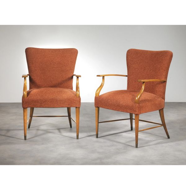 A PAIR OF ARMCHAIRS, WOODEN STRUCTURE, RED FABRIC UPHOLSTERY