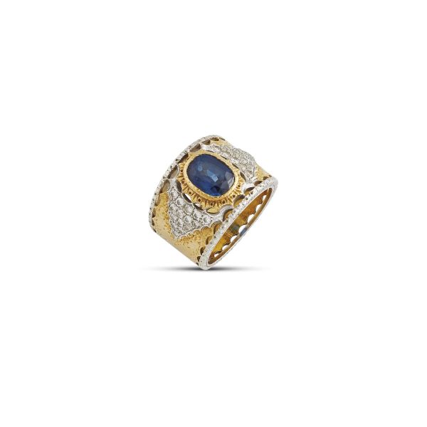 MARIO BUCCELLATI SAPPHIRE AND DIAMOND BAND RING IN 18KT TWO TONE GOLD