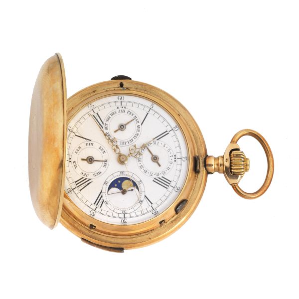 MONOPUSHER CHRONOGRAPH YELLOW GOLD POCKET WATCH HOURS AND QUARTERS REPEATER CALENDAR AND MOON PHASE