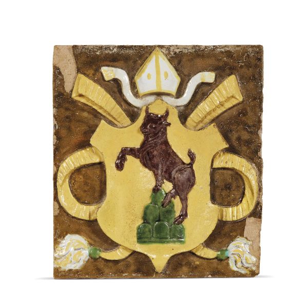 Benedetto Buglioni, coat of arms of bishop Leonardo Buonafede, circa 1520, glazed polychromed terracotta