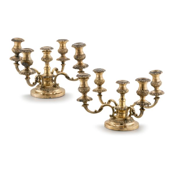PAIR OF SILVERED METAL CANDELABRA, ENGLAND, 20TH CENTURY