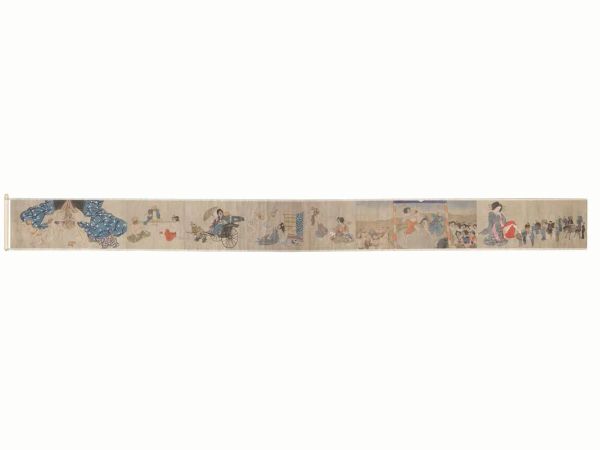 Scroll Giappone sec.XIX-XX, dipinto&nbsp; su seta riportata su carta, a soggetti erotici, cm 29,5x334