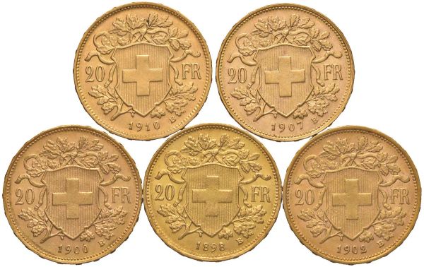 SVIZZERA. CINQUE MONETE DA 20 FRANCHI
