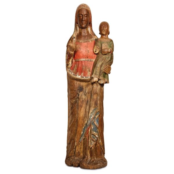 



Carver active in Umbria or Abruzzo, 14th century, Madonna and blessing Child, carved and polychrome painted wood