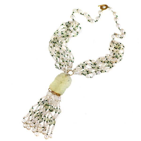 LONG SEMIPRECIOUS STONE AND PEARL FRINGED NECKLACE