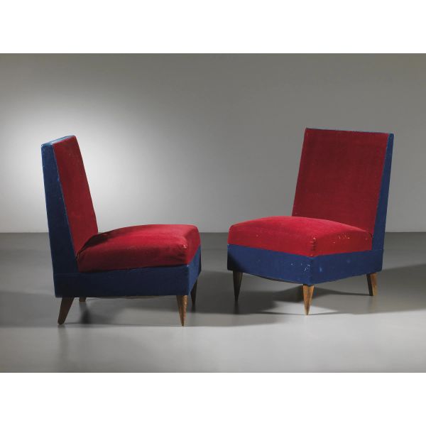 TWO ARMCHAIRS, WOODEN STRUCTURE, RED AND BLUE FABRIC UPHOLSTERED